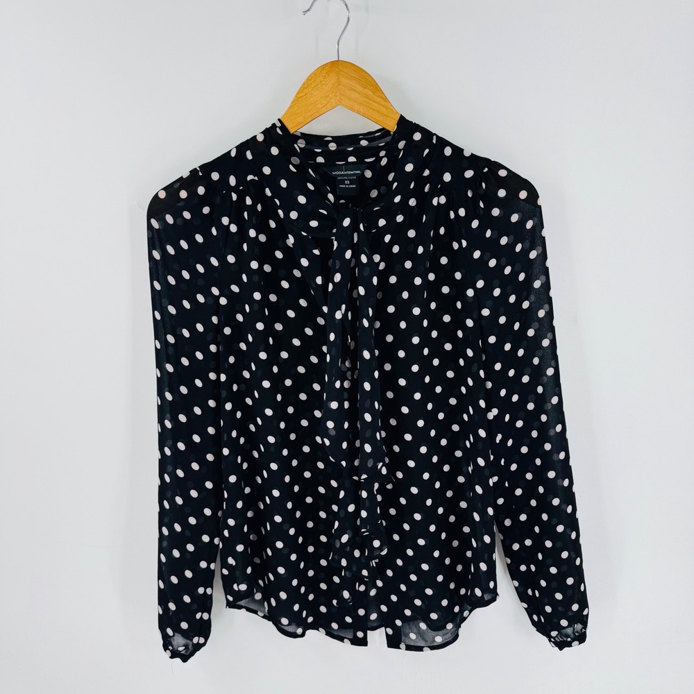 Black White Polka Dot sheer Tie Neck Long Sleeve Top Size XS Parisian Academia - Picture 9 of 9
